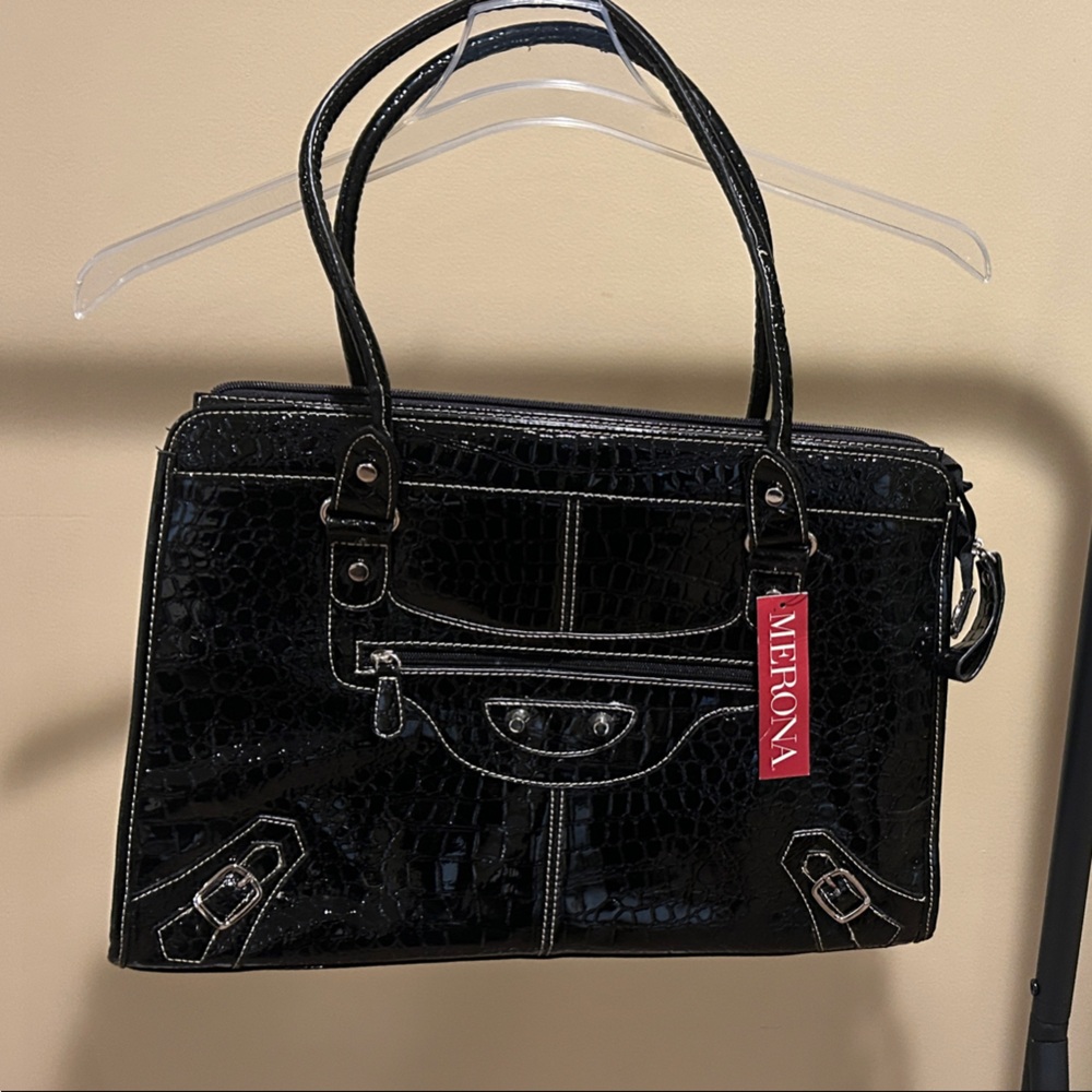 Merona Black Crocodile-Embossed Laptop Bag